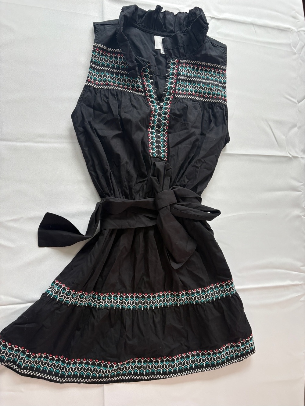 Black Embroidered Sleeveless Tie-Waist Dress